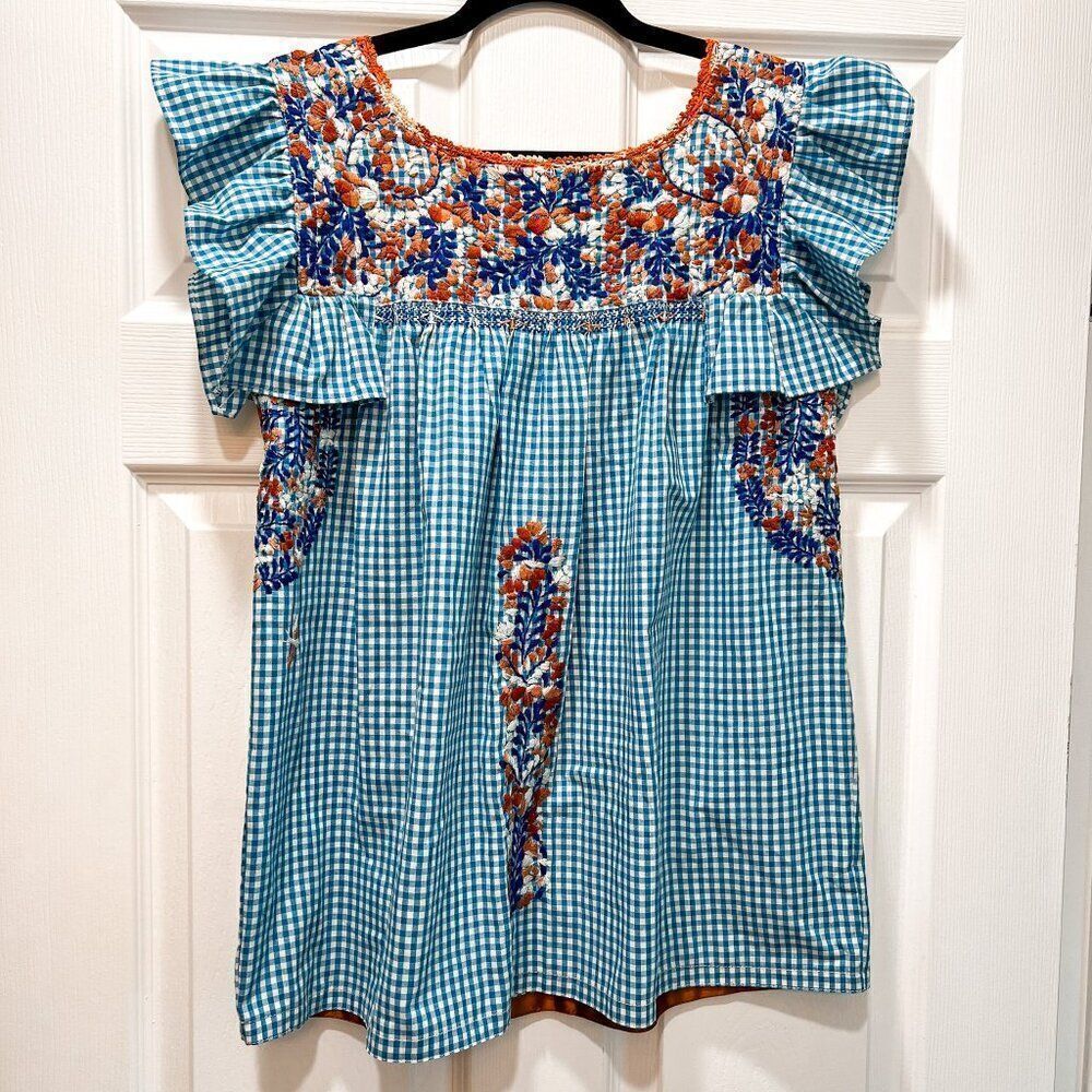 Mi Golondrina Soledad Gingham Azul Blue Flutter Embroidered Blouse Size Small
